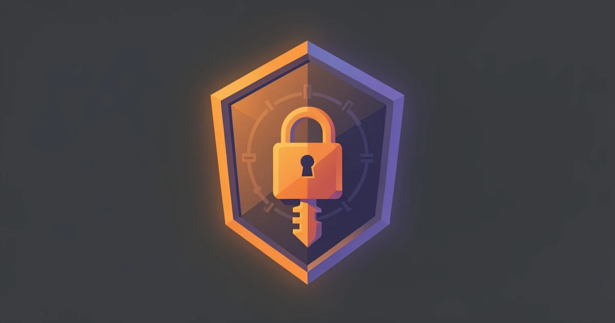 Abstract padlock with a key inside a hexagonal shield, orange and indigo on a dark slate background