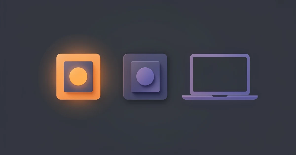 Abstract toggle switches beside a glowing spark and a laptop, orange and indigo on a dark slate background