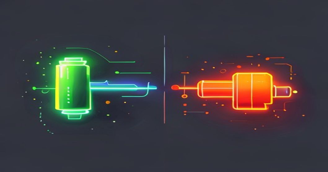 Ilustrasi baterai hijau penuh dan baterai merah kosong yang dihubungkan oleh garis-garis bercahaya
