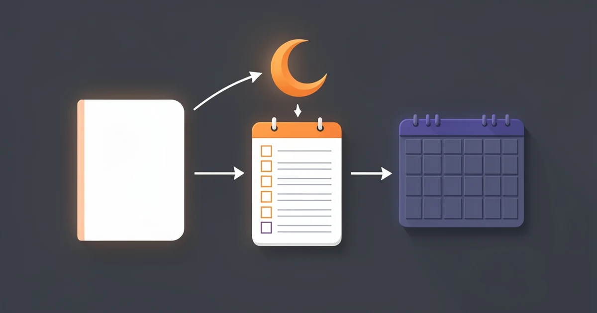 Buku catatan kosong, daftar centang, dan kalender terhubung panah di bawah bulan sabit, oranye dan indigo di slate gelap
