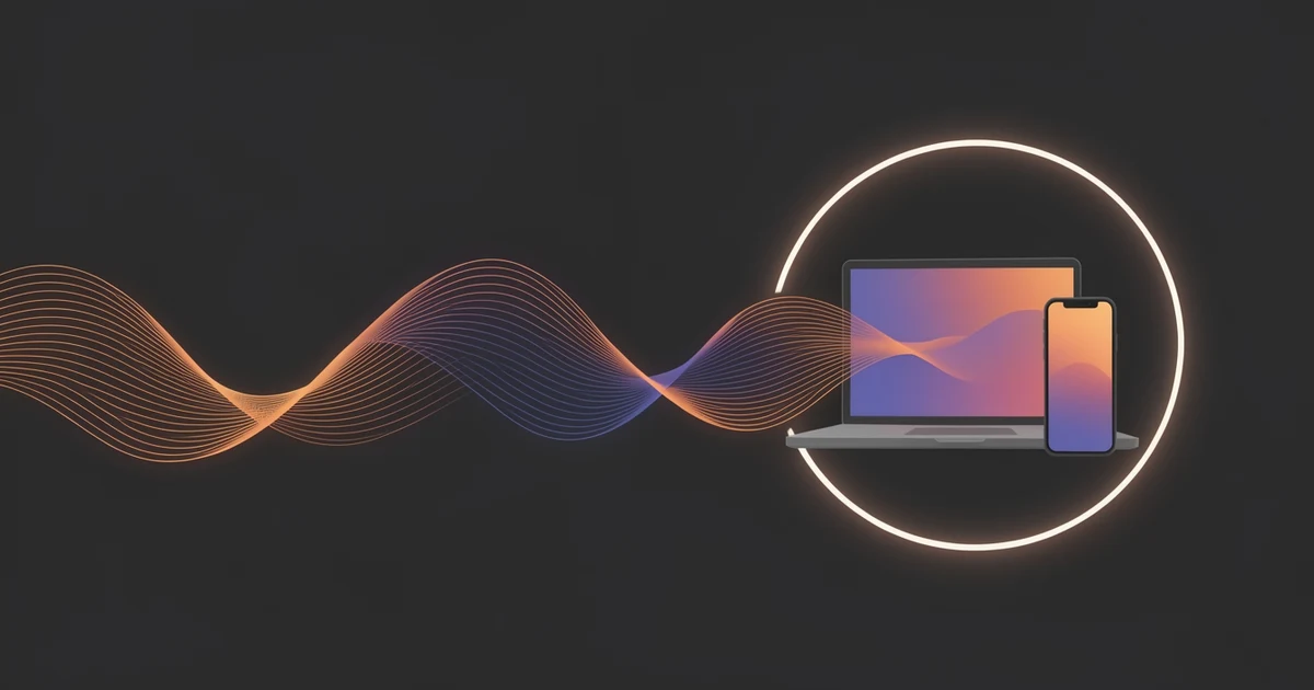 Abstract soundwave flowing into a laptop and a phone inside a protective ring, in orange and indigo on a dark background
