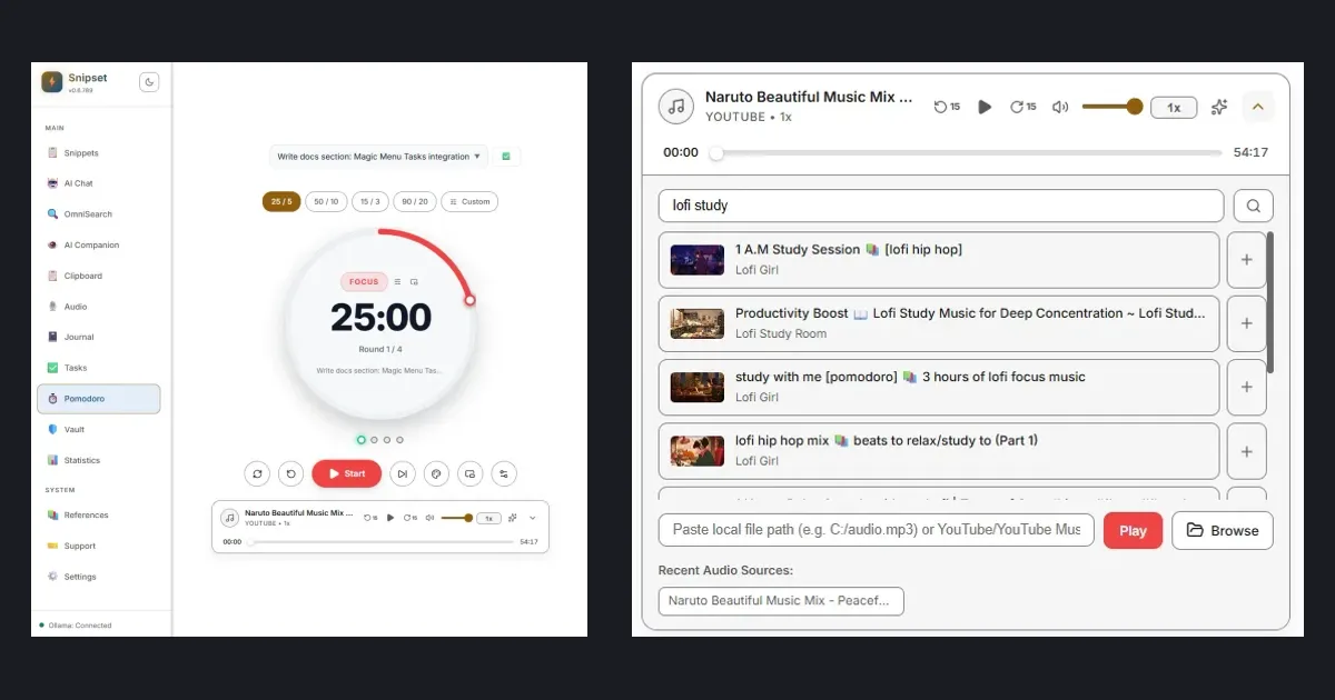 Pomodoro dashboard with linked task, interval presets, circular dial, and ambient music bar