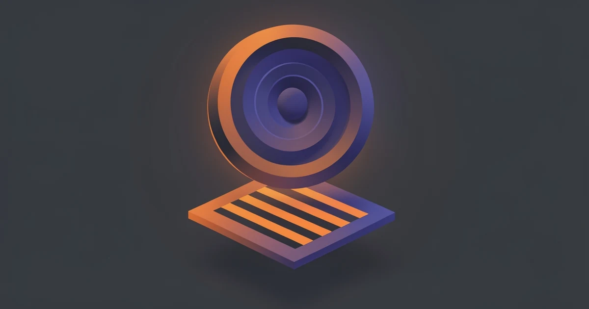 Round speaker with concentric rings floating above a tilted striped page, orange and indigo on a dark slate background