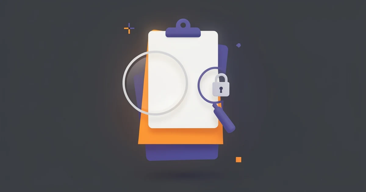 Stack of floating clipboard cards with a glowing magnifier and a small lock, orange and indigo on a dark slate background