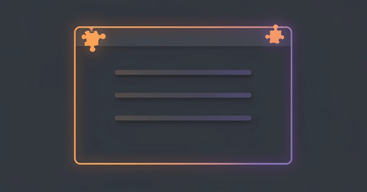Jendela browser dengan kepingan puzzle ekstensi dan baris teks yang mengembang, oranye dan indigo di latar slate gelap