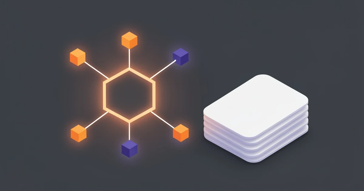 Glowing hexagon linked by thin lines to small orange and indigo cubes, beside a stack of blank cards on a dark slate background
