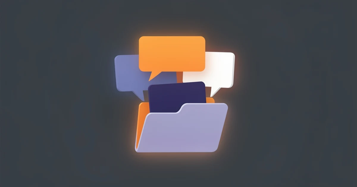 Orange, indigo and white chat bubbles rising out of an open folder, glowing softly on a dark slate background