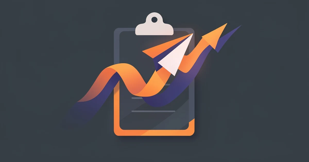 White and orange paper plane with orange and indigo ribbons sweeping over a clipboard