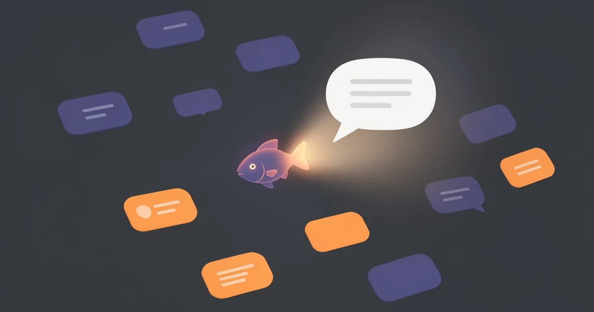 Small glowing fish swimming among floating search result cards toward a speech bubble, orange and indigo on a dark slate background
