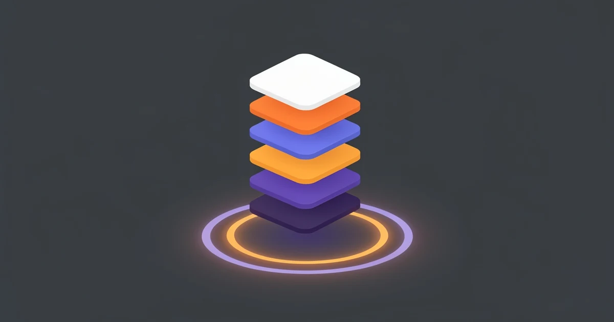 Abstract stack of version tags rising from a glowing release ring, orange and indigo on a dark slate background