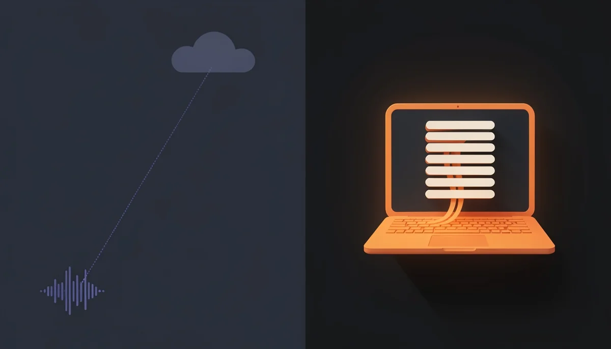 Ilustrasi yang membandingkan transkripsi cloud, saat suara melayang ke server yang jauh, dengan transkripsi di perangkat, saat ucapan berubah menjadi teks di dalam laptop