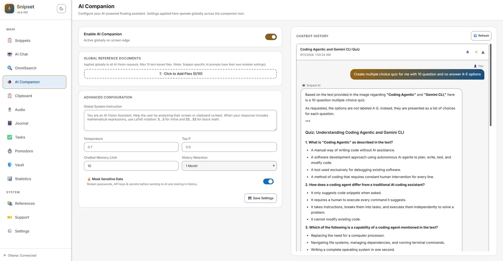 AI Companion configuration dashboard showing global reference documents, advanced parameters, and chatbot history