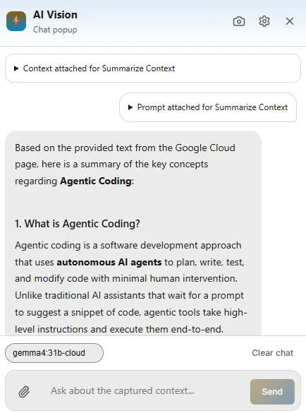 Close-up view of AI Vision popup triggered from quick prompt (:sum) with captured context, generated summary, and follow-up input
