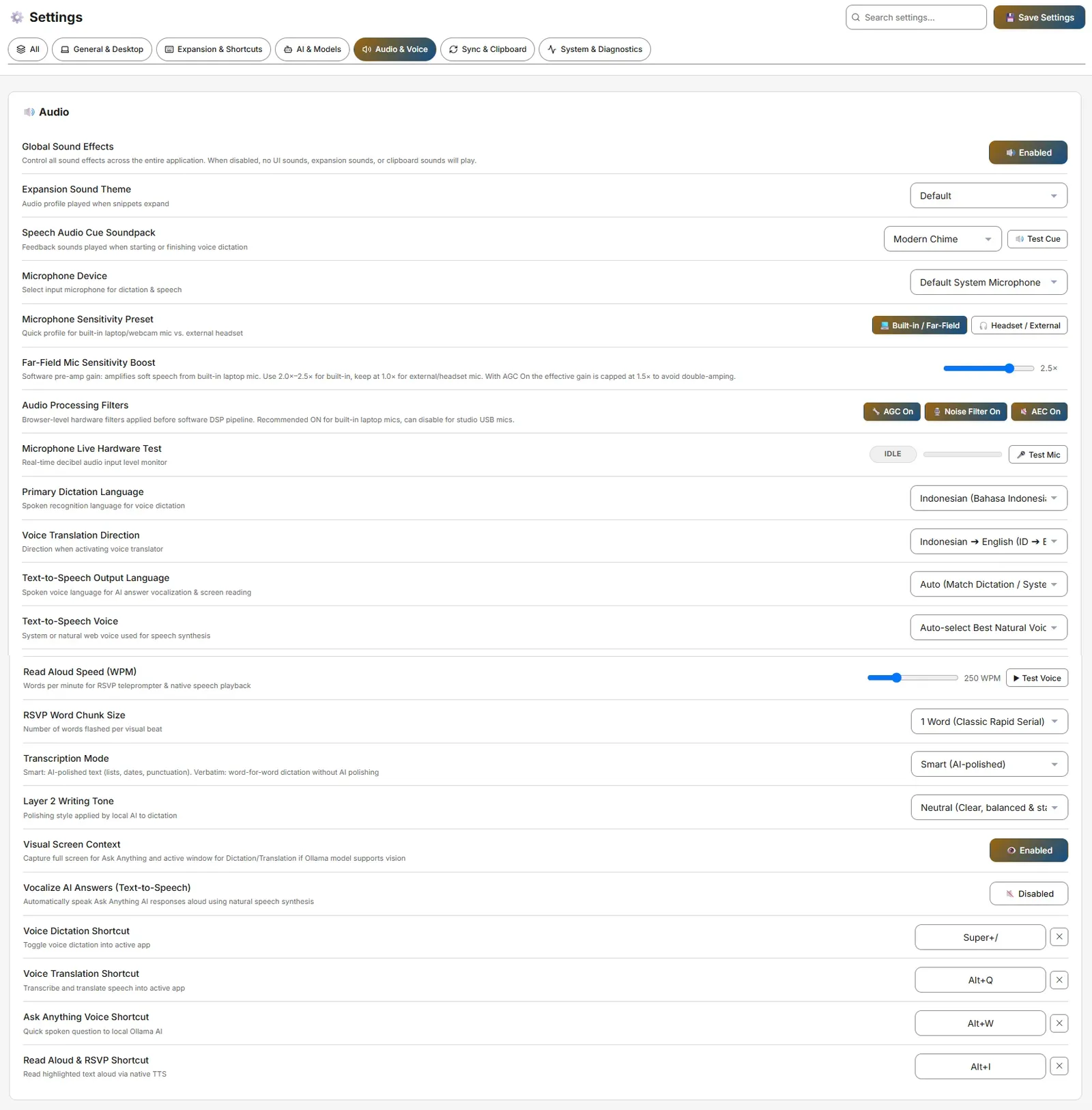 Audio and Voice panel