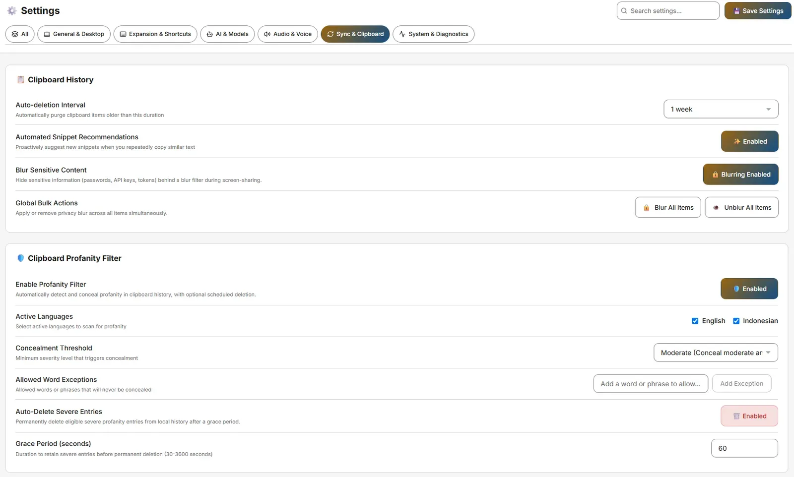 Sync and Clipboard panel