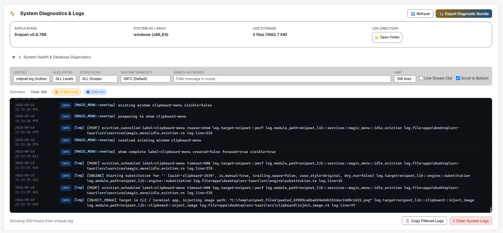System diagnostics and log viewer