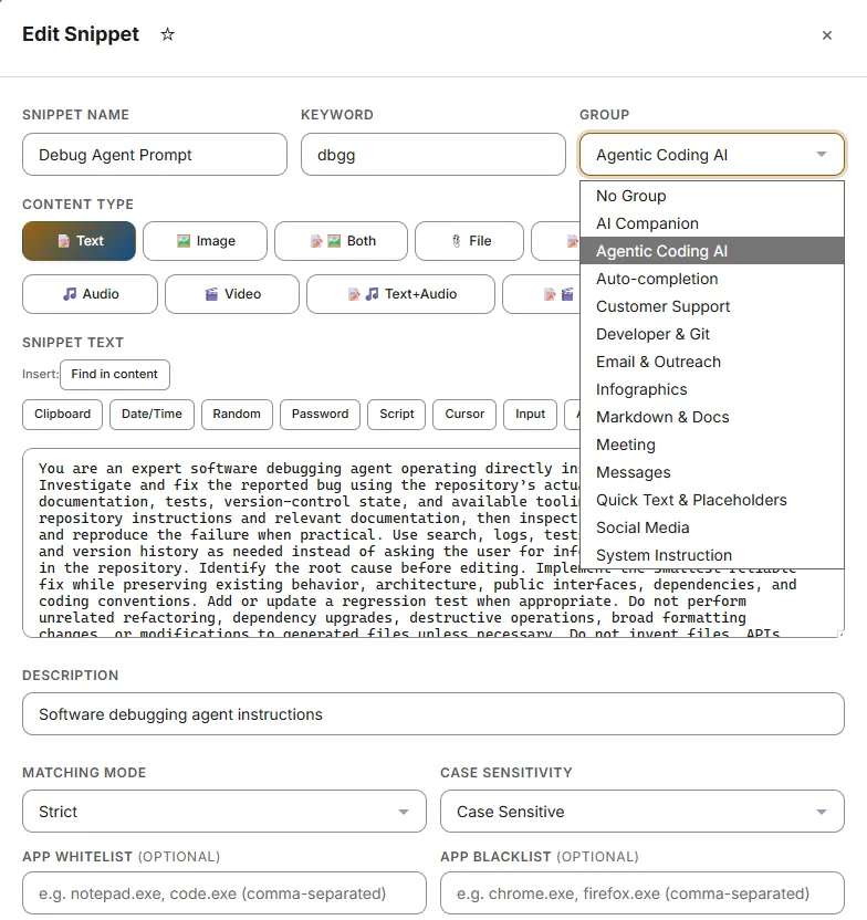 Group dropdown in the editor