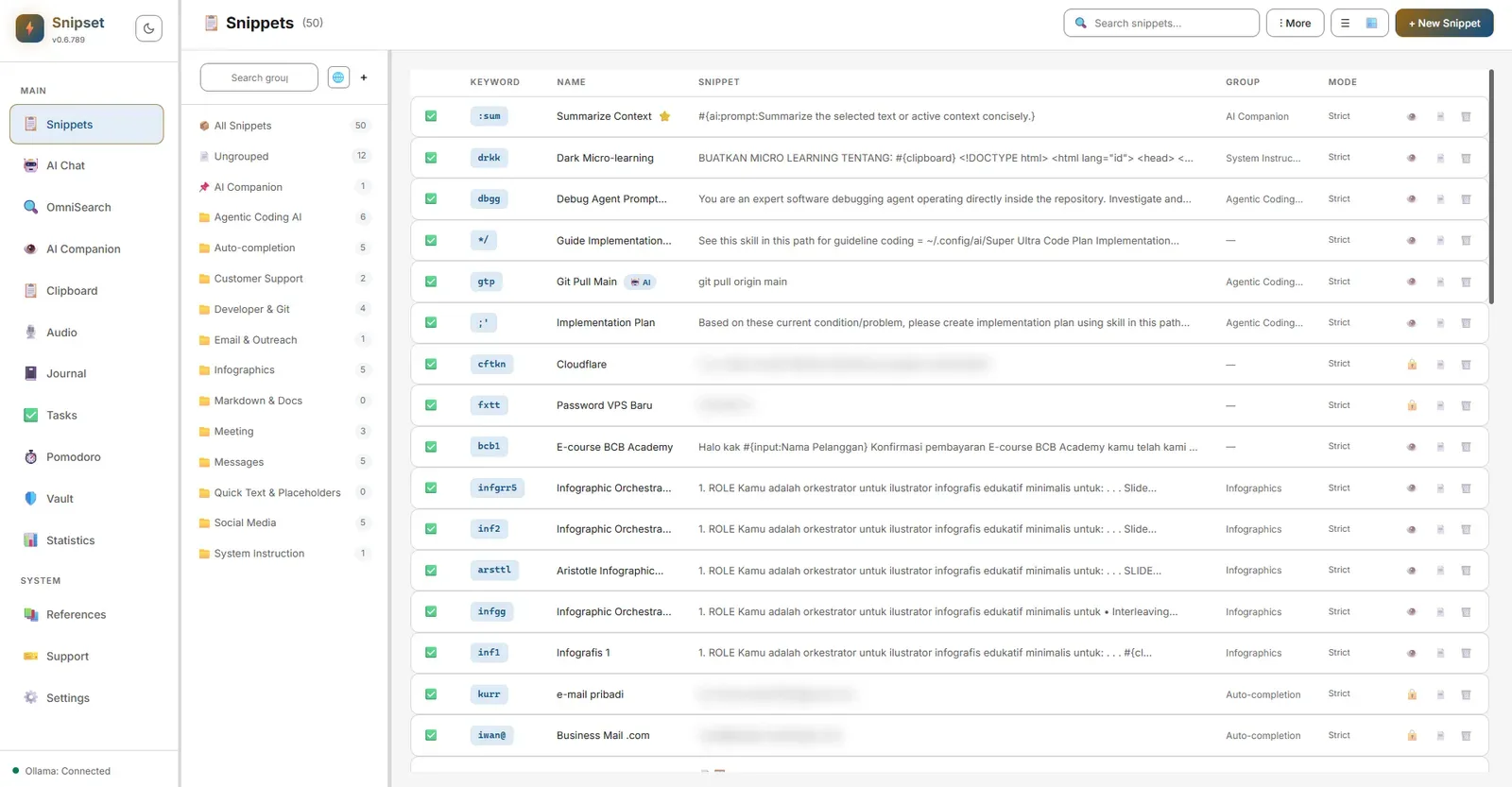 Snippets page overview