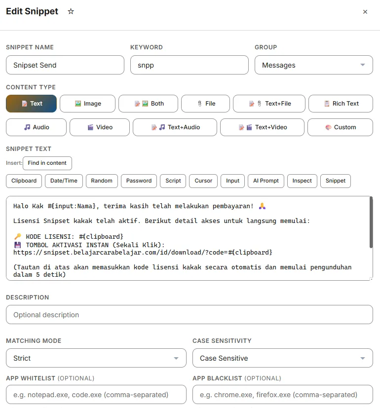Snippet fields in the editor