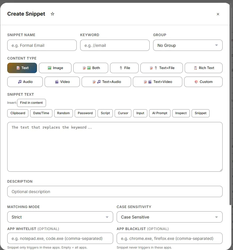 Blank Snippet Editor for a new snippet
