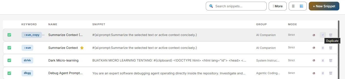 Snippet context menu