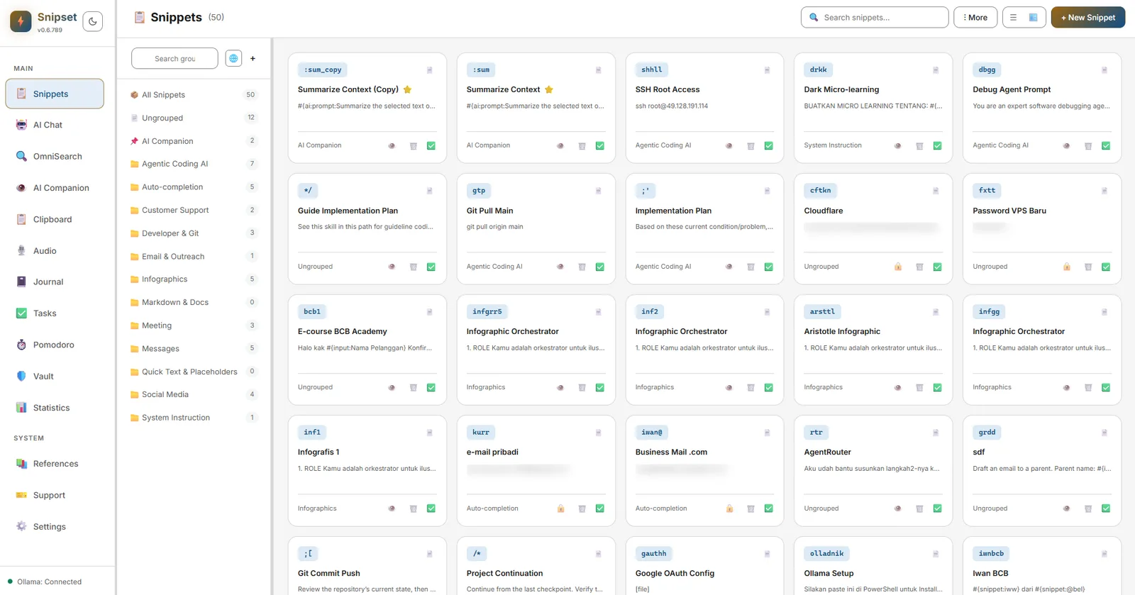 Snippets page in grid view mode