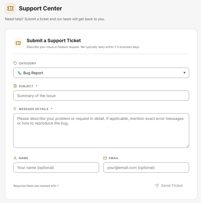 Submit a Support Ticket form