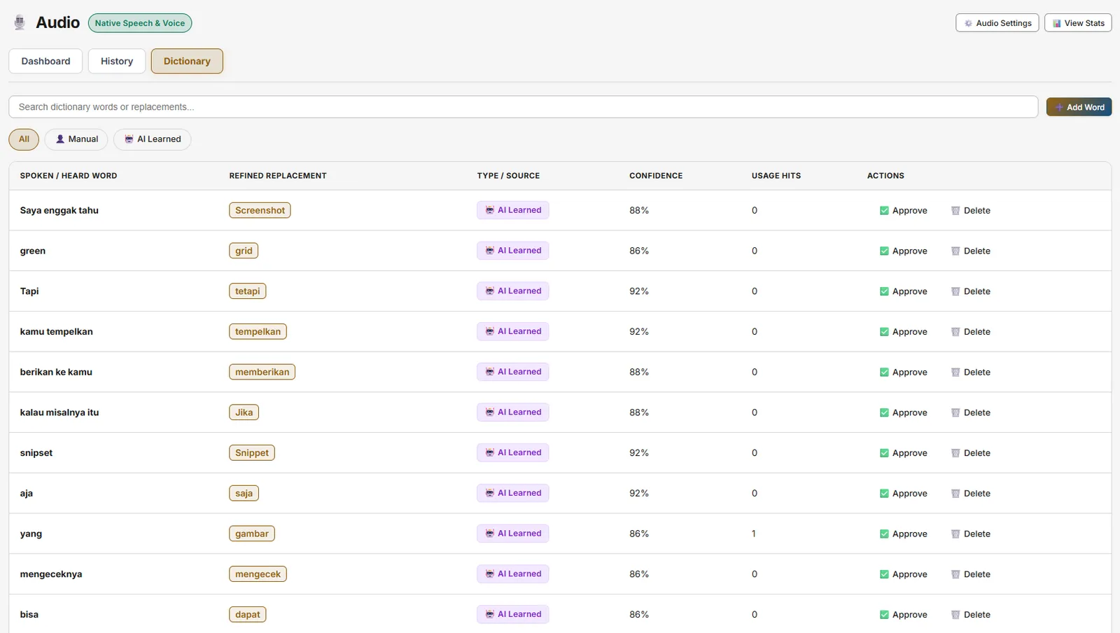 Snipset Speech Dictionary with custom replacements and learned suggestions waiting for approval