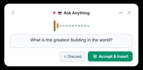Voice AI Ask Anything listening overlay capturing spoken prompt
