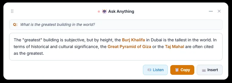 Ask Anything AI response card with Read Aloud TTS, Copy, and Insert actions