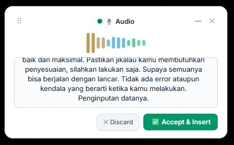Audio direct voice dictation HUD with real-time waveform and transcript