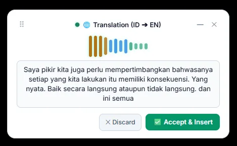 Live voice translation HUD converting spoken Indonesian to English
