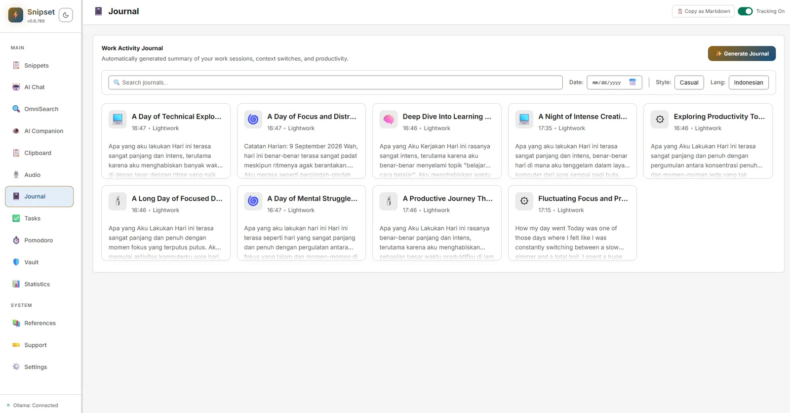 Journal and activity dashboard overview