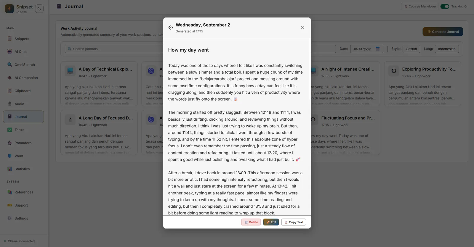Journal entry modal view with daily summary and editing controls