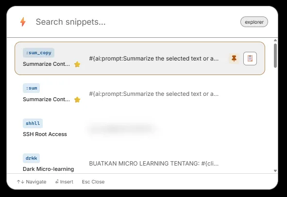 Magic Menu snippet search overlay