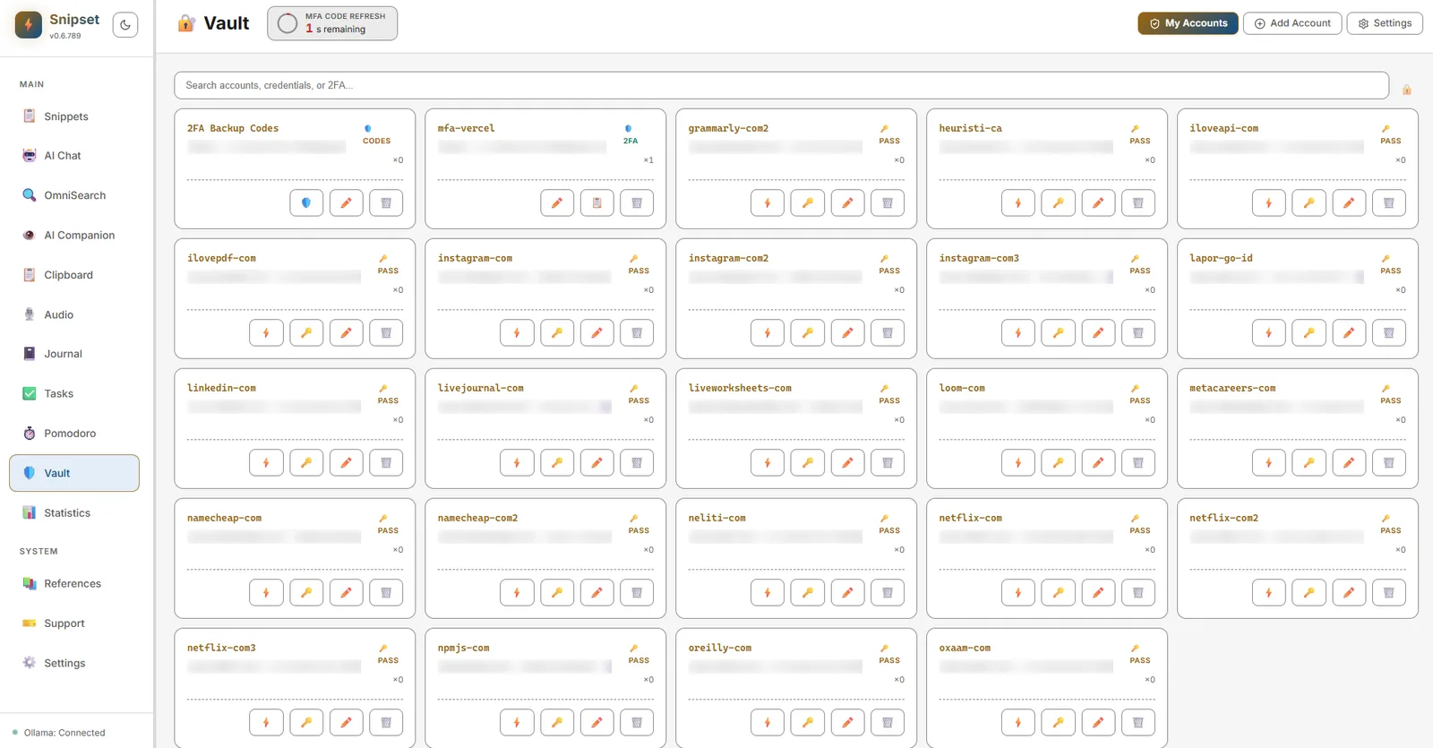 Vault and MFA accounts dashboard overview