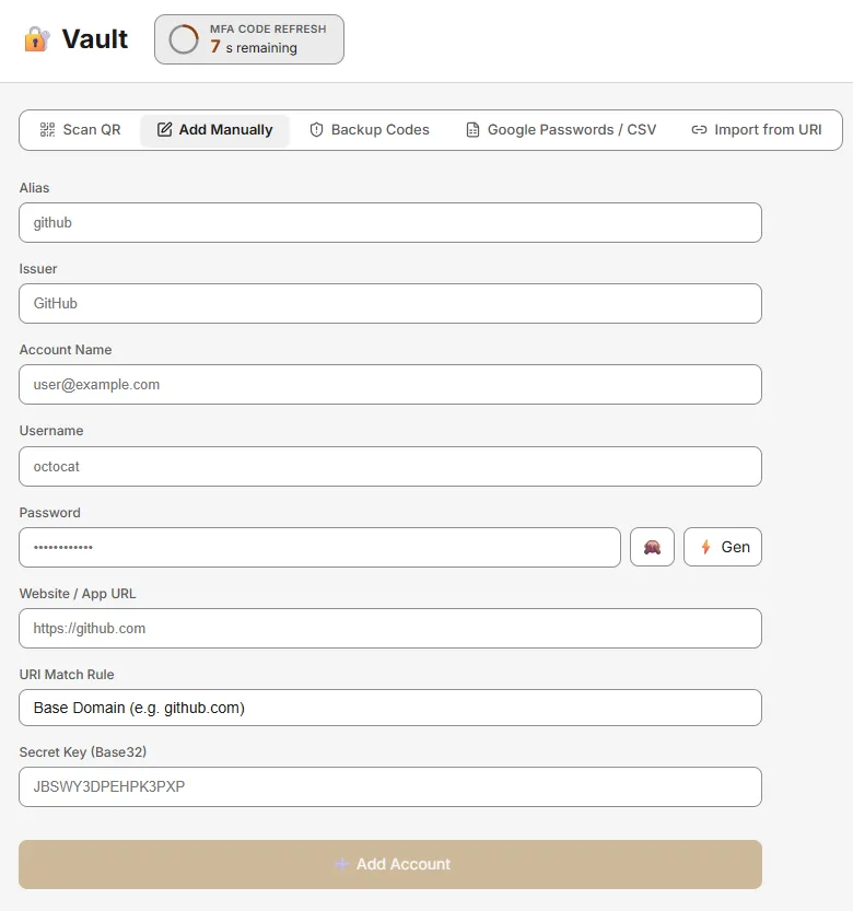 Adding an account manually in Vault