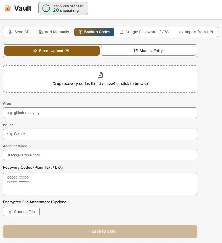Storing 2FA backup recovery codes in Vault