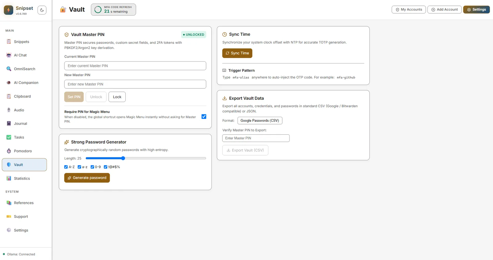 Vault settings, security configuration, password generator, and export controls