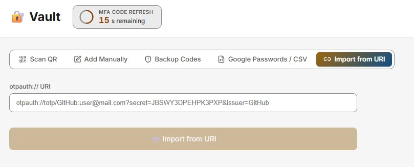 Importing account from otpauth URI