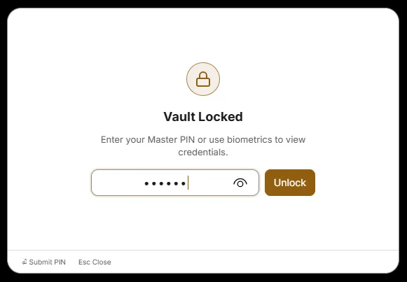 Vault locked modal requesting Master PIN
