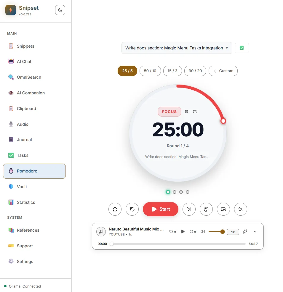 Pomodoro timer dashboard with active task association, presets, circular dial, and ambient music player