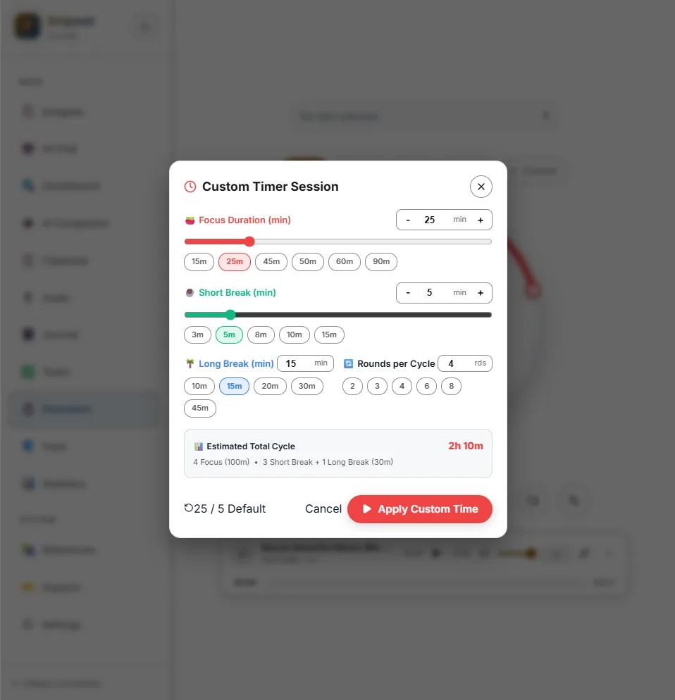 Custom timer session modal showing focus duration, breaks, and rounds per cycle