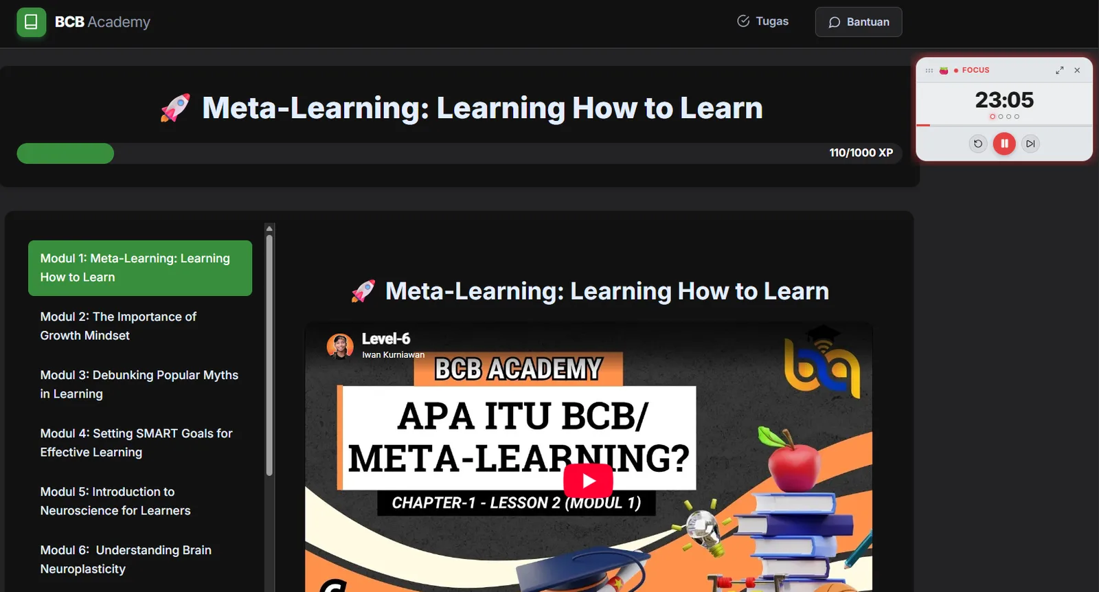 Floating mini overlay docked on screen while watching a video lesson in BCB Academy