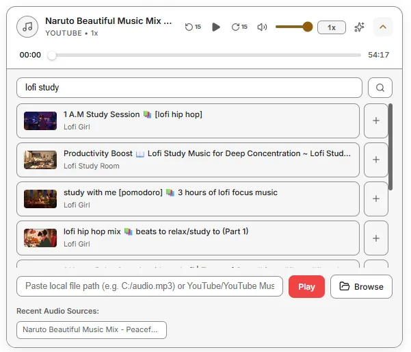 Built-in background music player with YouTube search results, local audio browsing, and recent sources