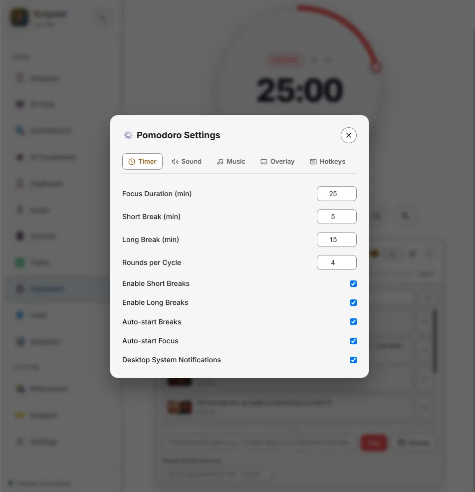 Pomodoro settings dialog with timer intervals, auto-start options, and desktop notifications