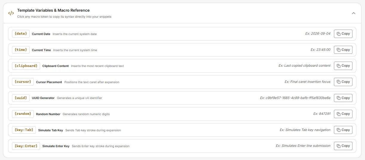 Template variables and macro reference card