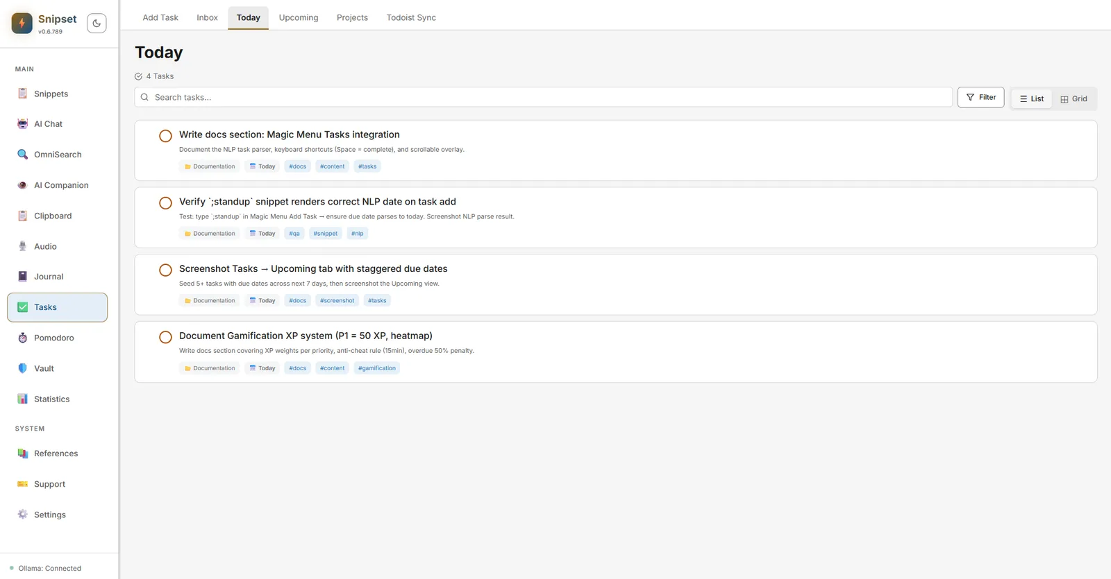 Tasks page today view with active tasks and priority indicators