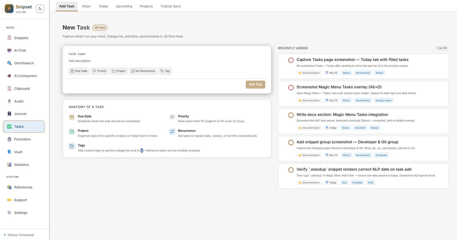 Add task form showing task attributes, anatomy guide, and recently added tasks