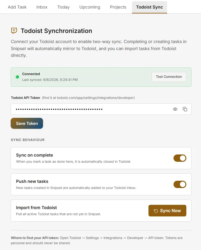 Todoist synchronization panel with connection status and two-way sync options
